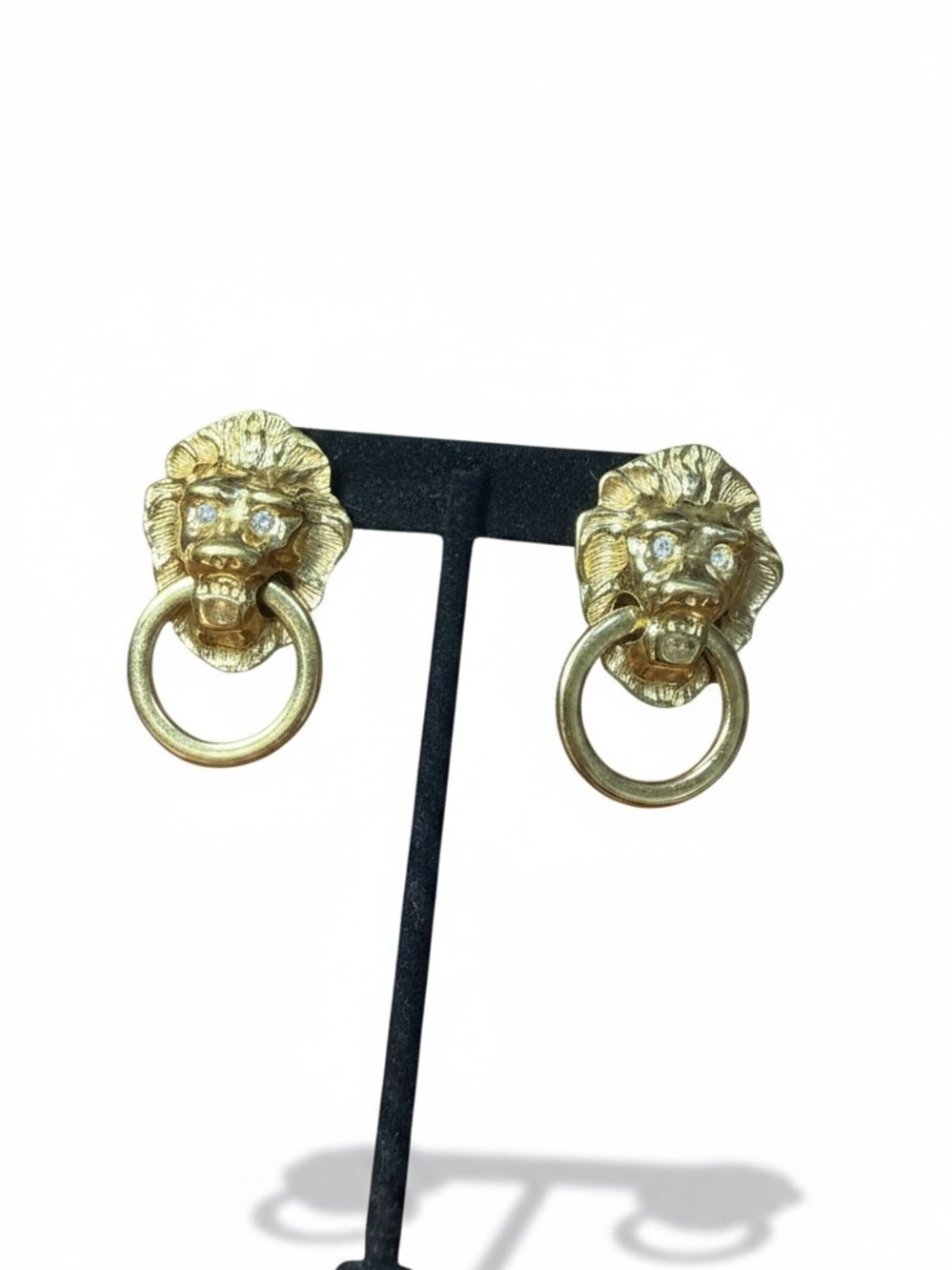 Vintage KJL for Avon Lion Head Door Knocker Earrings Crystal Eyes Gold Tone
